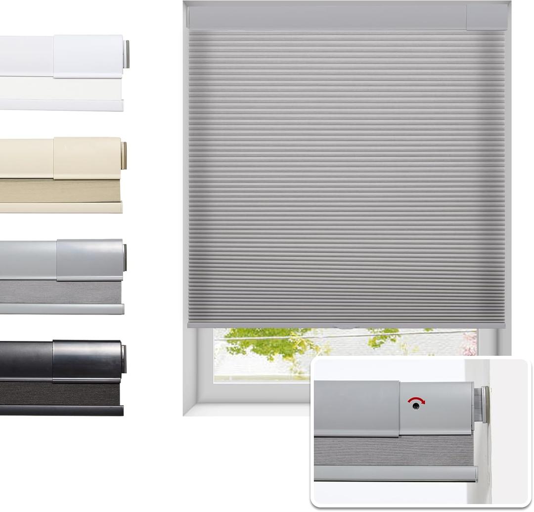 Tonature No Drill Cellular Shades for Indoor Windows, Thermal Insulating & Noise Reducing Honeycomb Blinds, Cordless Free Stop Blinds Light Filtering, Grey,36 1/2" W x 48" H