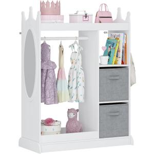 UTEX Kids Play Armoire with Mirror, Storage Bins and Closet for Dress Up and Costumes (White), 33.4w X 15.75d X 44.5h
