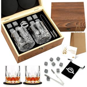 Whiskey Gifts for Men - Whiskey Stones and Glasses Gift Set - Granite Chilling Stones Whiskey Rocks - Scotch Bourbon Gift Box - Christmas Drinking Gifts for Men Him Dad Husband Thanksgiving Gift