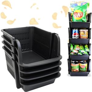 Skywin Plastic Stackable Bins - 4 Pack Open Front Storage Bins Medium For Toy Organizers and Kitchen, Bathroom Essentials (Black)