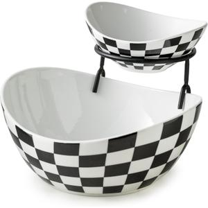Tiered Serving Bowls Chip and Dip Serving Set with Stand, Ceramic Appetizer Serving Dishes Platters and Trays for Parties Entertaining - Checkered Kitchen Decor (Large & Medium, Black & White Pattern)