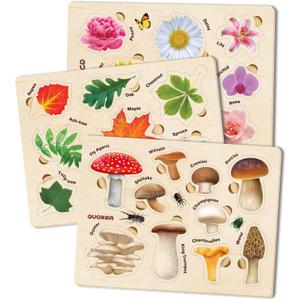 QUOKKA Wooden Puzzles for Toddlers 2-4  3X Set Montessori Toys Puzzles for Kids Ages 3-5  Wood Educational Baby Game 12-18 Months  Gift Learning Mushrooms Flowers Leaves for Boy & Girl 3-5