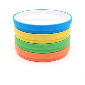 Elk and Friends Kids 6.7 Porcelain Divided Plates with Silicone Sleeves | Suitable for Babies/Kids/Toddlers | Microwave & Dishwasher Safe | Non Slip | Snack Dishes (Green/Orange/Blue/Yellow)