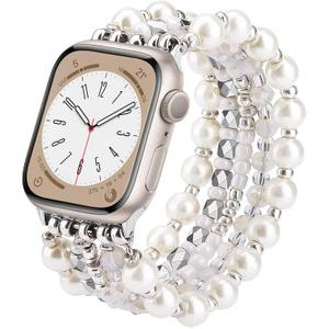 VISOOM Beaded Bracelet Compatible for Apple Watch Band 40mm/38mm/41mm/42mm Series11 10 9 8 7 Se(3 2 1) Series 6/5/4 Women Fashion Cute Handmade Stretchy Watch Strap for iWatch Bands Series 3/2/1 (C-Perl Sliver)