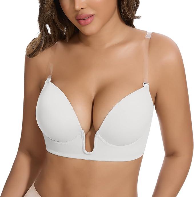 JOYSHAPER Plunge Bras for Women Backless Push Up Bras Low Cut Padded Bras Shaper Convertible with Clear Straps Dress Bra, S
