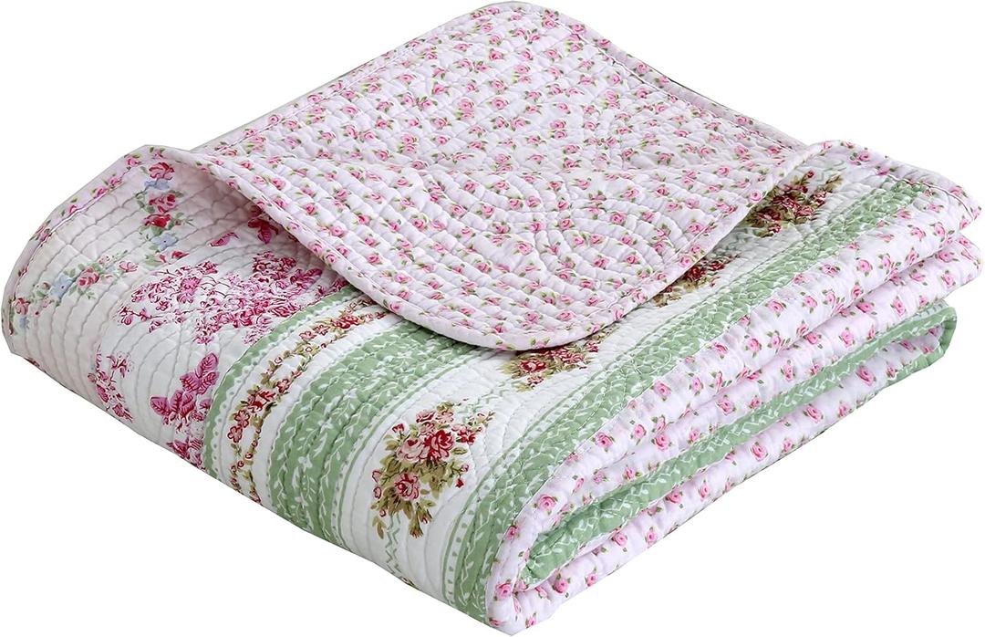 Floral Bloom Garden Vines Stripe Pink Blue Green Quilted Cotton Reversable Throw Blanket, 60"x 50"