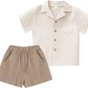 XMWEALTHY Toddler Baby Boy Summer Clothes Color Block Short Sleeve Button-down Shirt Tops + Cotton Pants Outfit Set (3-4T, Beige Khaki)