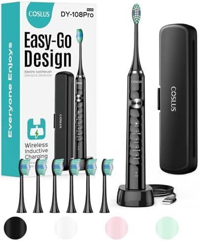 COSLUS Sonic Electric Toothbrush for Adults: 47000 VPM for Deep Cleaning & Whitening with Travel Case - 5 Modes for Sensitive Teeth & Braces, Wireless Charging, 6 Brush Heads for Home Family, Black