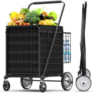 5.7 Cu Ft Folding Shopping Cart - 600 LB Capacity Grocery Cart with 360 Braked Swivel Wheels - Heavy Duty Utility Cart with Double Basket & Removable Waterproof Liner with Lid for Laundry