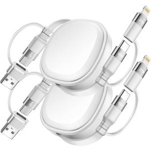 Minlu 65W Retractable Charging Cable,5 in 1 Multi Charger Cable for Travel,USB Type C Charger Cord Fast Charging Cable with USB A/C to USBC+L for iPhone 17 16 15,iPad,Samsung,PS,Macbook-2Pack,3.8ft