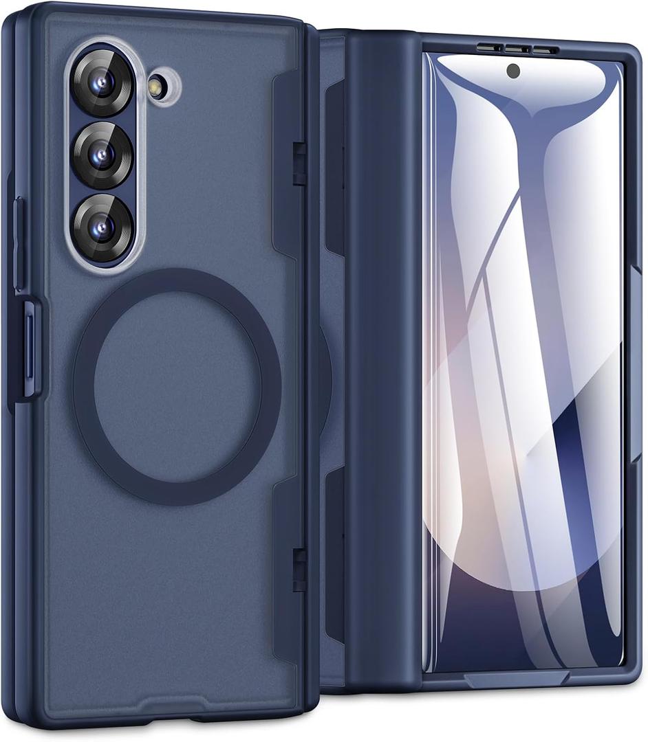 Caka for Samsung Galaxy Z Fold 5 Case [Compatible with Magsafe] [Hinge Protection] [Built-in HD Screen Protector] Translucent Hard Shockproof Magnet Phone Cover for Fold5 - Blue
