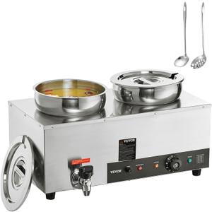 VEVOR Electric Soup Warmer, Dual 7.4QT Stainless Steel Round Pot 86~185F Adjustable Temp, 1200W Commercial Bain Marie with Anti-Dry Burn and Reset Button, Soup Station for Restaurant, Buffet, Silver, Size: 2×7L Pots
