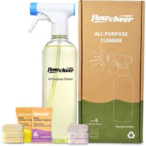 flowcheer Multi-Purpose Cleaner Starter Kit-Lavender and Lemon Scent all purpose cleaner concentrate,cleaning tablets (6 Refill tablets) with Reusable Spray Bottle Multi-Surface Cleaner, 6x17fl oz
