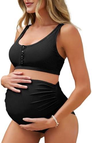 Summer Mae Maternity Ribbed High Waist Swimsuit Crop Top Bikini Bathing Suit High Cut Two Piece Pregnancy Swimwear, Large 
