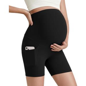 G4Free Barefeel Maternity Biker Shorts with Pockets Over The Belly Legging 5" Pregnancy Yoga Pants Athletic Workout (X-Large, Black)
