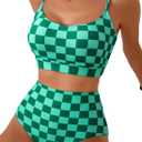 Herseas 2 Piece High Waisted Bikini Set for Women 2026 Spaghetti Straps Swim Top with Reversible Bottom Bathing Suit (Small, Green Checkerboard)