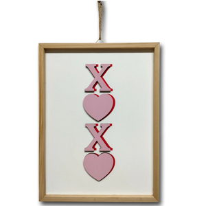 Set of 3, BE MINE Heart Wall Art Set – Elegant Framed Prints with Red and Pink Hanging Hearts, Perfect for Valentine's Day Home Decor & Holiday Home 8-Inch Block Sign - XOXO - 1 ct