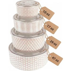 KooK Serving Bowls, with Lids, Ceramic Mixing Bowls, Nesting, Set of 4, Embossed, Kitchen, Prep, Stackable, Mix, Gift, Microwave and Dishwasher Safe, 10/16/29/47 oz, Narbonne Collection (Ivory)