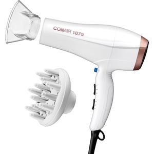 Conair Double Ceramic Hair Dryer with Diffuser | Blow Dryer with Ionic Conditioning | Includes Diffuser and Concentrator | White