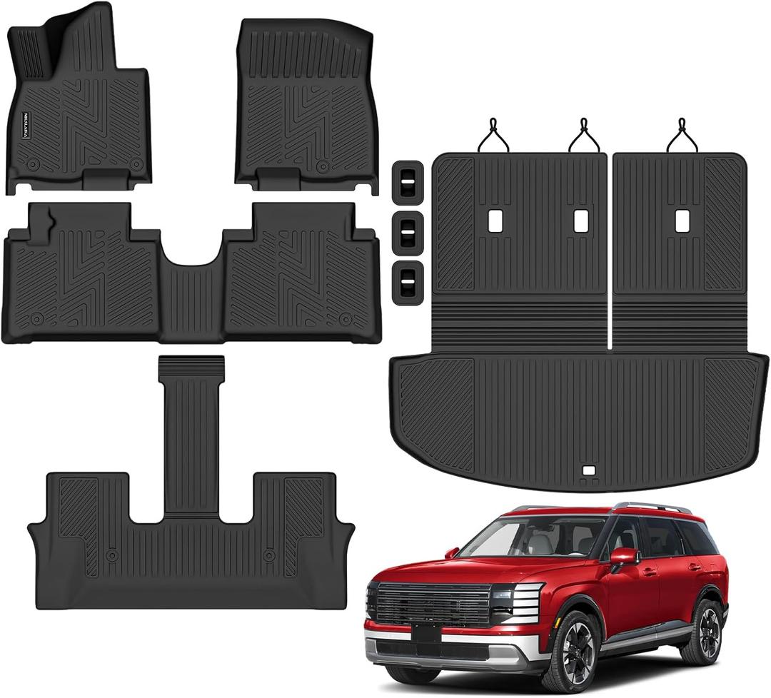 All Weather Floor Mats Trunk Mat with Backrest Mat Fit for 2026 Hyundai Palisade 7/8 Seat Hybrid, TPE Odorless Anti-Slip Floor Liners Cargo Mat with Back Seat Protector for 2026 Palisade Accessories
