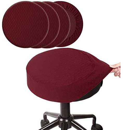 BUYUE 4 Pcs Bar Stool Covers, Luxury Fabric Dia.14-16" Round Stretchy Crease-Resistant Washable Jacquard Dustproof Stool Seat Slipcover, M-Burgundy-Set of 4