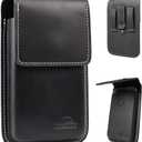 Topstache Leather Cell Phone Holster with Belt Clip - Flip Cell Phone Holder for iPhone 17/16/15/14/13/12 - Magnetic Closure Leather Belt Pouch Case for Galaxy S25/S24/S23/S22, L,Black