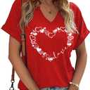 Womens Short Sleeve V Neck T-Shirts Love Heart Printed Valentina's Day Shirts Graphic Tees (Medium, 5 Red)