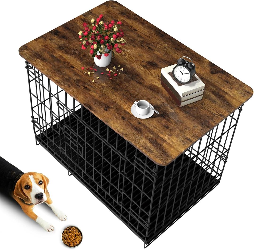 Dog Crate Topper Wood 42 Inch Dog Crate Topper Crate Table Topper Collapsible Dog Kennel Topper for Decorative Dog Crate, Suitable for 42 Inch Wire Dog Crate (Furniture Style, Brown) (42 IN, Brown)