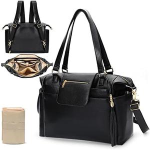 Omanmoli Diaper Bag Tote Leather Diaper Bag Backpack LargeBaby Diaper Bag 14 Diaper Bag Organizing Pouches,Changing Pad,Crossbody Strap,4 Insulated Pockets,Black