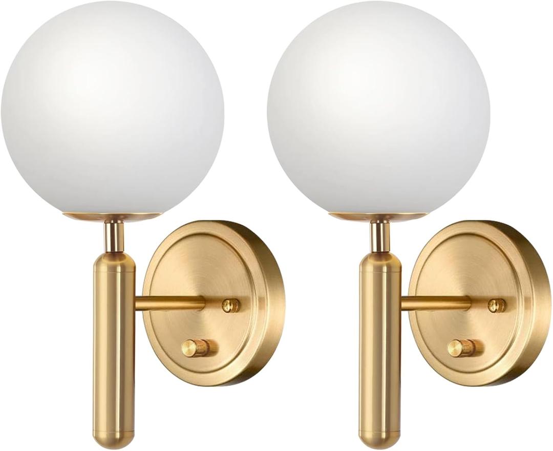 Dimmable Wall Sconces with Knob Switch Hardwired Bathroom Wall Light Set of Two Decor Indoor Glass Globe Shade Gold Mid Century Modern Wall Lamp for Bedside Bedroom Living Room