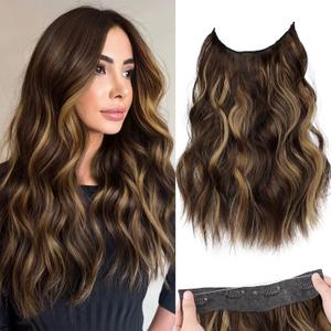 KooKaStyle Invisible Wire Hair Extensions with Transparent Headband Adjustable Size 4 Secure Clips Long Wavy Secret Wire Hairpiece for Women(16 Inch Chestnut Brown with Blonde Highlights)