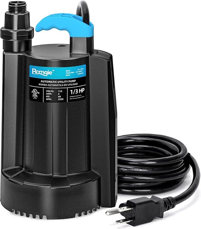 BOMGIE 1/3 HP Automatic Water Pump, 2250GPH Submersible Utility Pump with 3/4” Garden Hose Check Valve Adapter Portable Electric Sump Pump Removal for Pool Draining Basement Hot Tubs Garden UTL336PE