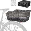 CXWXC Rear Bike Basket - Large Bicycle Rear Basket with Cargo Net and Waterproof Cover, Hand-Woven Baskets Rear Large Capacity (Grey)