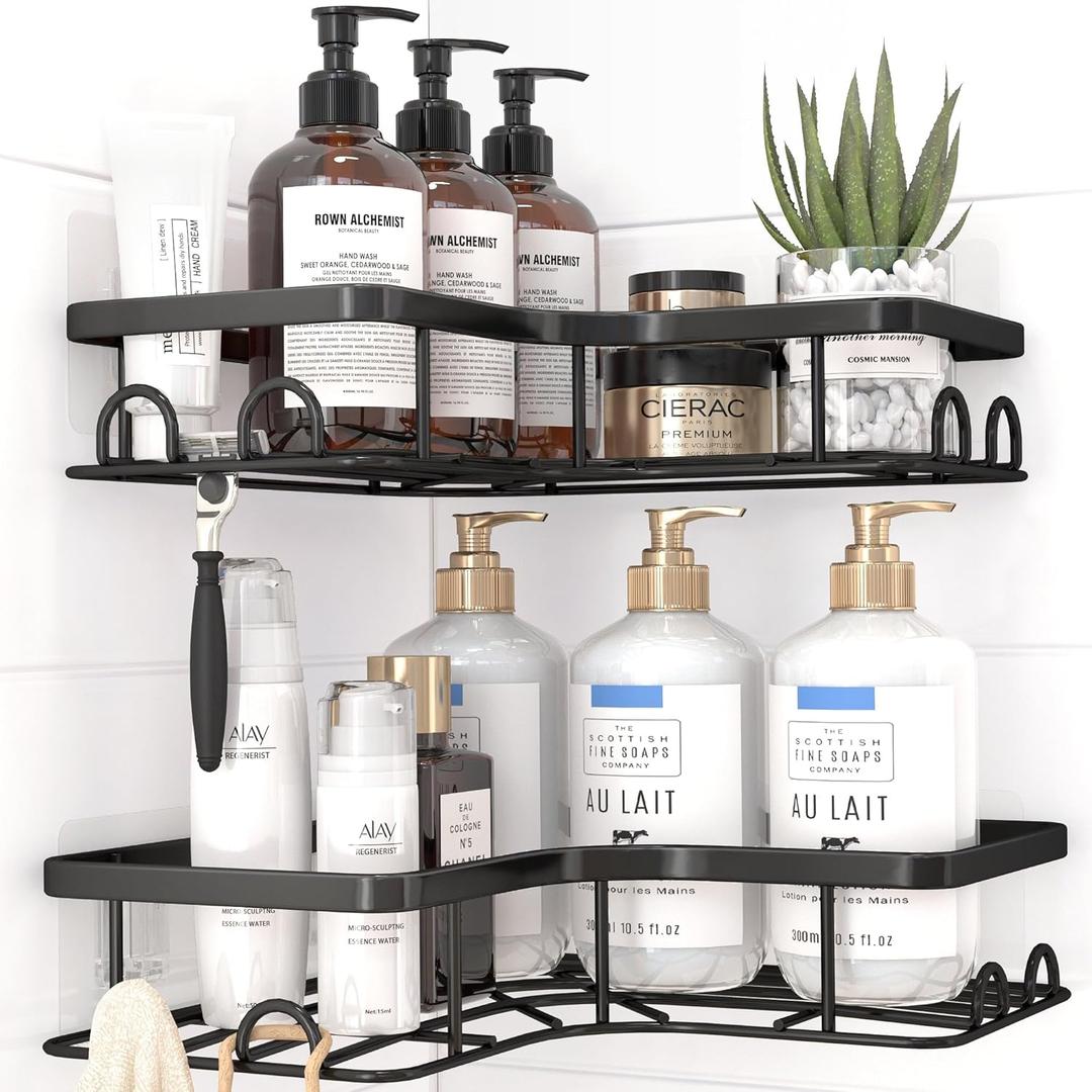 Sakugi Corner Shower Caddy - 2 Pack, Adhesive Shower Organizers, Rustproof Stainless Steel Shower Shelves with 8 Hooks, No Drilling Bathroom Organizers and Storage Racks, Space-Saving, Black, Medium