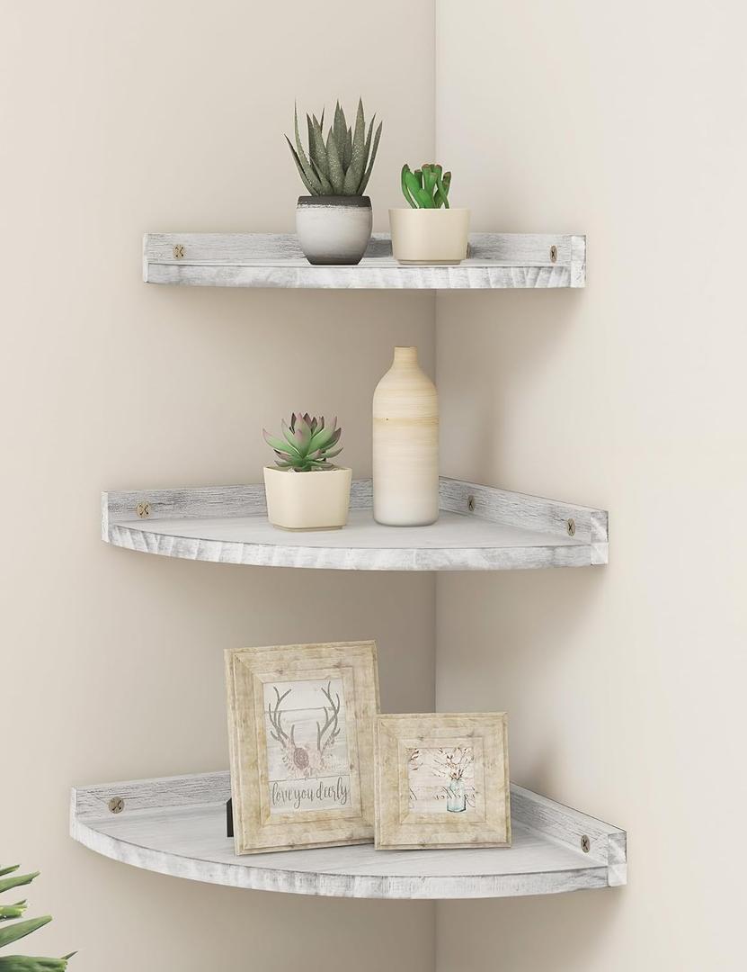 Corner Shelves Wall Mount, Rustic Natural Wood Corner Floating Shelf, Distressed White Storage Organizer Corner Wall Shelves for Living Room Kitchen Bedroom Bathroom Laundry, 9.68x9.68 Inch (Small)