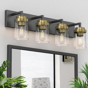 Bathroom Lighting Fixtures, 4-Light Bathroom Vanity Lights Over Mirror, Black and Gold Vanity Light with Glass Shade, Modern Vanity Lighting Fixtures for Bathroom, Bedroom, Hallway