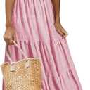 AlvaQ Women Summer Dresses Sleeveless Smocked Midi Dress High Waist Casual Tiered A Line Sundress with Pockets (Pink, XL)