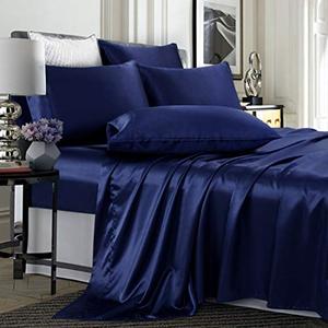 TREELY 6 Piece King Size Satin Sheet Set - Navy Blue, Deep Pocket, Fitted Sheet, Flat Sheet, 4 Pillowcases
