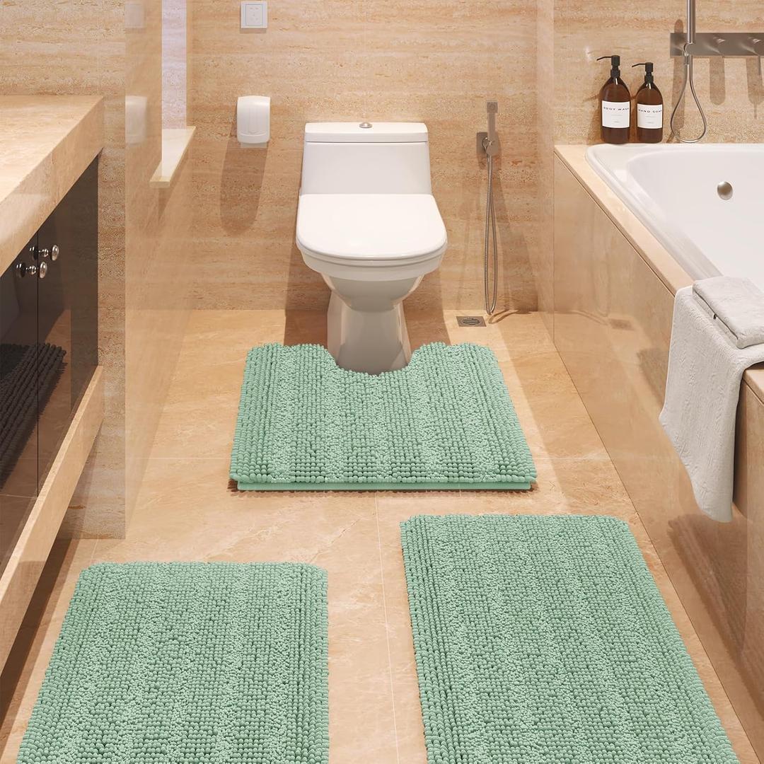ACCUMTEK Tauso Striped Sage Green Bathroom Rug Set 3 Pieces Ultra Soft, Non Slip Chenille Toilet Mat, Absorbent Plush Shaggy Bath Mats for Bathroom, Bedroom, Kitchen