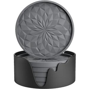 ME.FAN Silicone Coasters with Holder,[6 Pack] Drinking Coasters - Cup Mat for Hot or Cold Drinks, Thickened, Non-Slip, Non-stick,Deep Tray Dark Grey