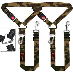 Removable Dog Seat Belt Harness for Car, 3 in 1 Pet Dog Car Seatbelt Leash, Retractable Restraint Secures to Vehicle Headrest & Adjustable Reflective Bungee Dog Seatbelt Tether, Camouflage