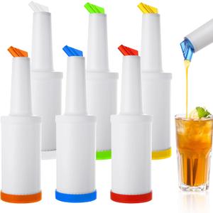 SHUESS 6 Pack Bar Juice Pour Bottles Juice Pourers for Bartending, Store and Pour Containers Plastic Juice Dispensers for Bar Liquor Juice Store (34 Ounces, Multicolor)