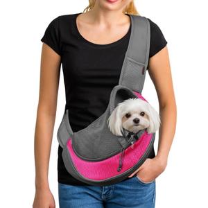YUDODO Pet Sling Carrier for 10-15 lbs Small Dogs & Cats Hands-Free Puppy Carrier with Safety Hook, Large Zipper Pocket, Soft Breathable Mesh, Adjustable Strap & Reflective Strip (Pink, 1.0 L)