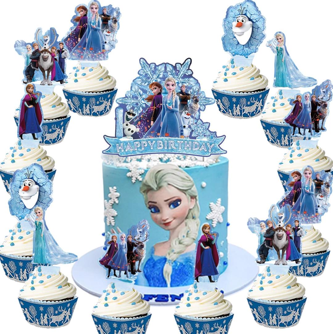 25pcs Frozen Cake Toppers: Girl Cupcake Toppers - Elsa Birthday Party Decorations, Supplies