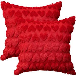 AVOIN colorlife Valentine's Day Love Heart Throw Pillow Cover Set of 2, 16 x 16 Inch Red Soft Plush Faux Fur Jacquard Anniversary Wedding Cushion Case Decoration for Sofa Couch