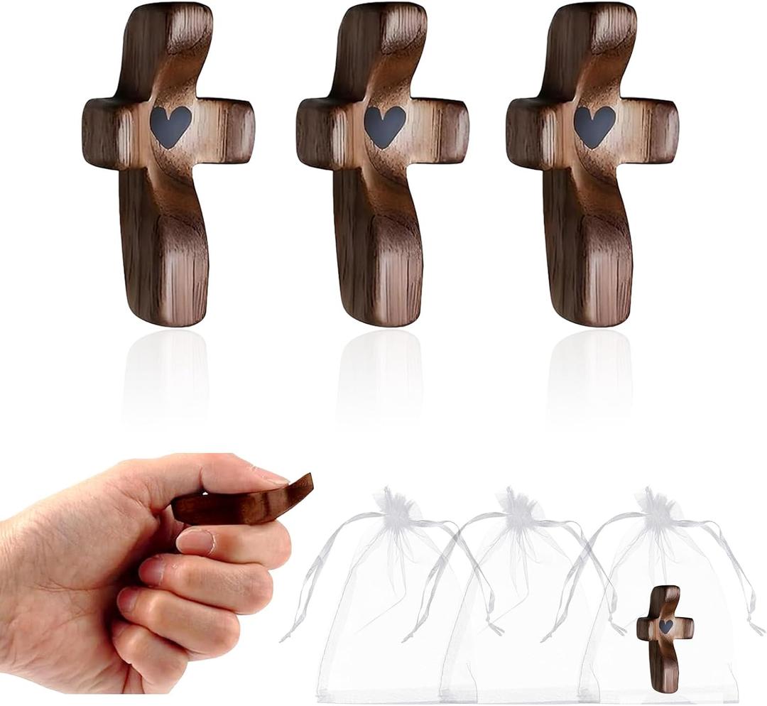 Cross My Heart Encouragement Gift, Small Wooden Pocket Cross, Handheld Prayer Cross, Fidget Cross for Stress Relief, Religious Gifts for Christians with Organza Bags (Walnut, 3pcs)