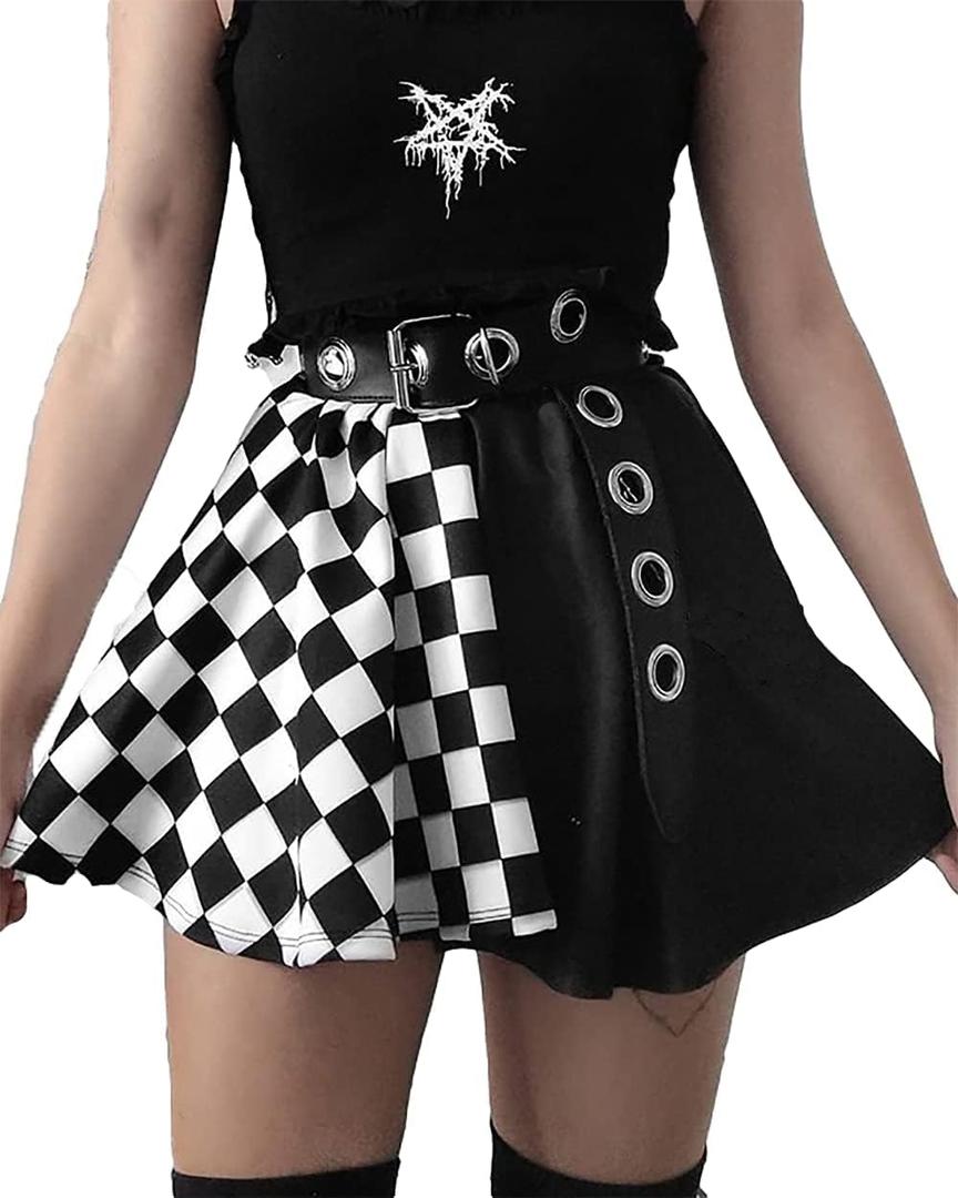 TSMNZMU Womens Punk Plaid Mini Skirts High Waist Gothic Grunge Skirt Y2K Alt Emo Checkered Skirt with Belt XXL