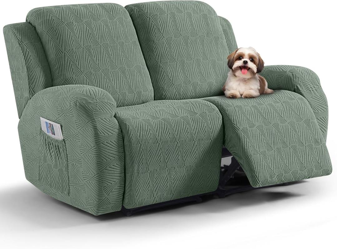 VANSOFY Recliner Loveseat Cover, 6-Pieces Stretch Dual Recliner Sofa Cover Soft Jacquard Reclining Couch Slipcover Furniture Protector with Elastic Bottom for Kid, Pets(2 Seat,Bean Green)