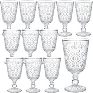 Eaasty Glasses Set of 12 Vintage Goblet 9 oz Vintage Colored Glass Goblet Beverage Stemmed Glass Cups Romantic Embossed Glassware for Wedding Party Holidays Anniversary (Clear)