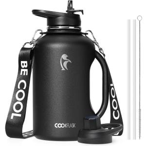 Half Gallon Water Bottle with Handle, Coolflask 64 oz Insulated Stainless Steel Water Jug Metal Double-Walled Vacuum Large Flask With Strap Straw Leakproof, Keep Cold 48 Hrs Hot 24hrs, Magic Black